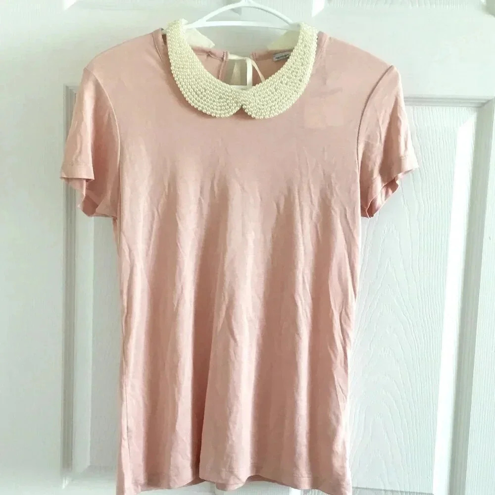 NWT Pink Faux Pearl Peter Pan Collar Top Coquette Tie Back Ribbed Blouse M 6-8